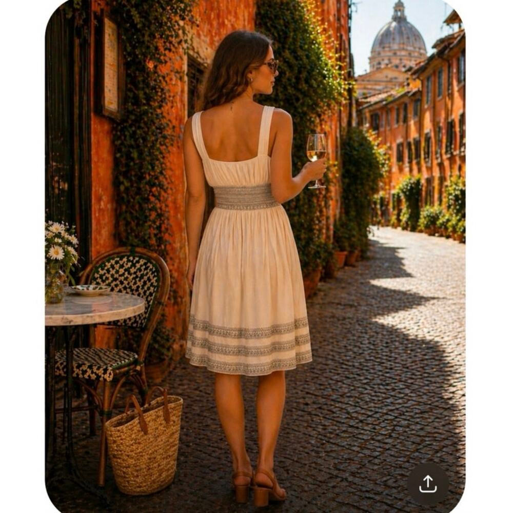 Sigrid Olsen Chiffon Silk Womens Dress 2 XS 0 Cream Brown Roman Holiday Sundress - Picture 12 of 14